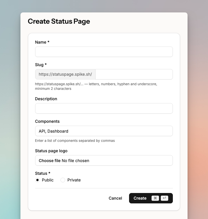 Status page creation form in Spike
