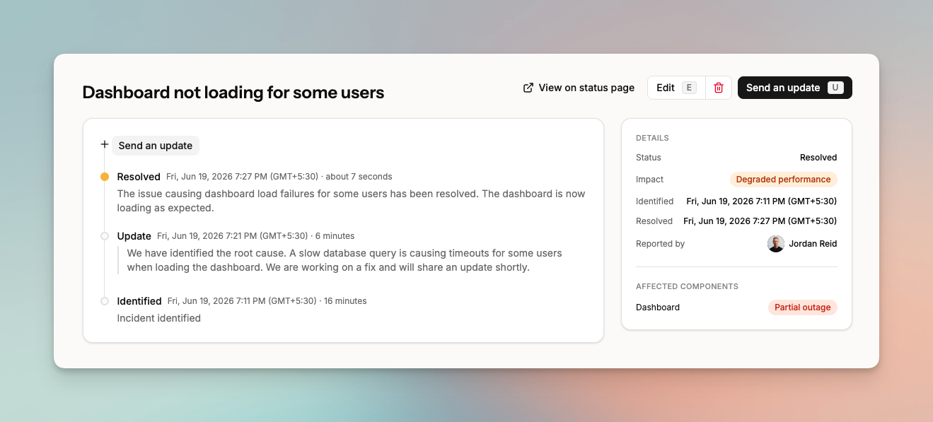 Incident updates timeline on Spike status page