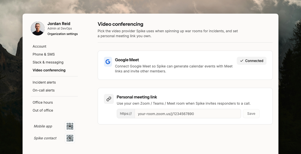 Video Conferencing settings in Spike Organization Settings