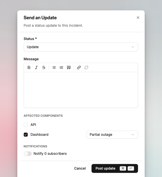 Send an update form on Spike status page