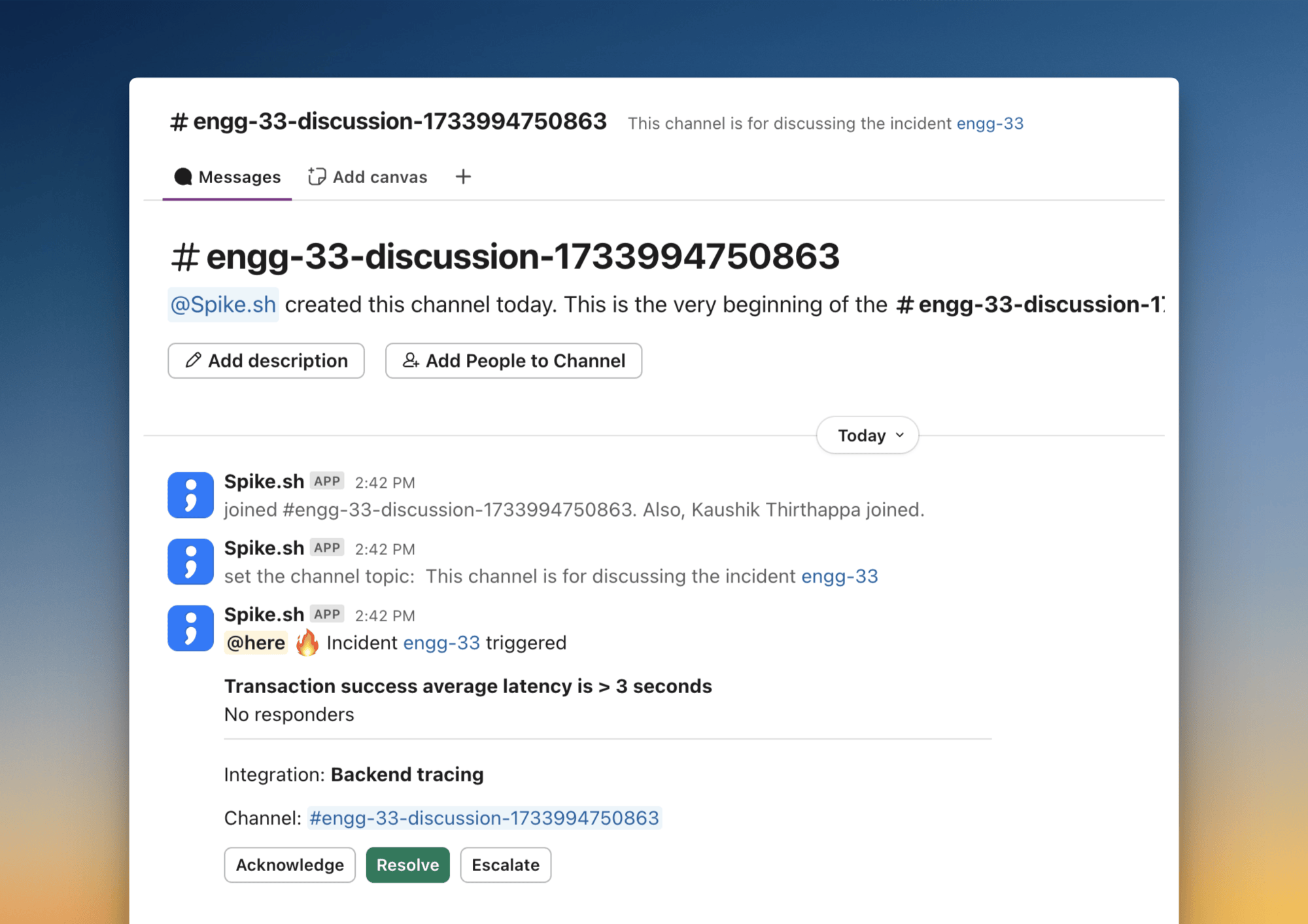 Dedicated incident channel in Slack