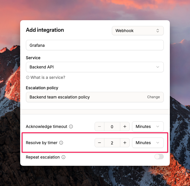 Resolve by Timer setup in integration settings