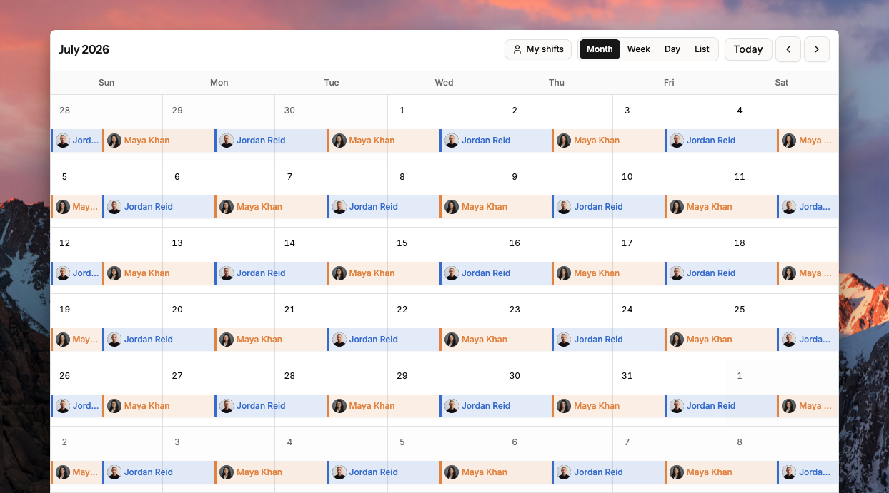 On-call calendar showing coverage after creating a schedule