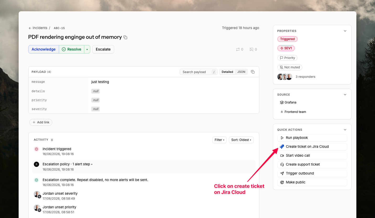 Create a Jira ticket from the incident details page