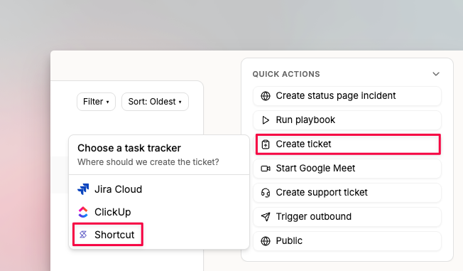 Create a Shortcut story from the incident details page