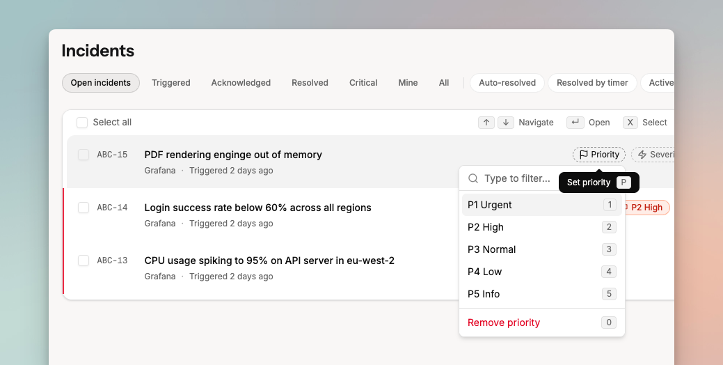 Set priority on multiple incidents from the dashboard