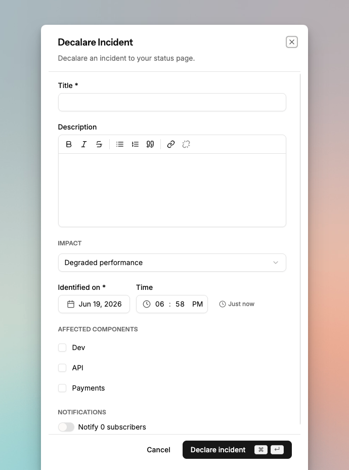 Declare incident form on Spike status page
