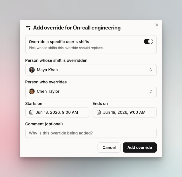 Override covering a specific user's shift