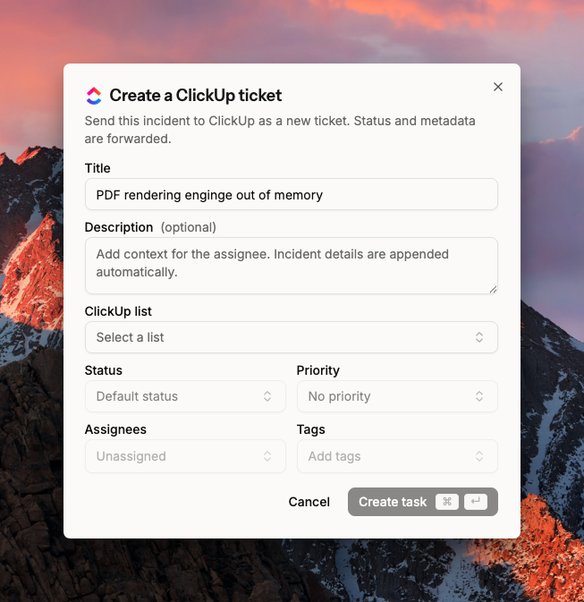 ClickUp task creation form in Spike