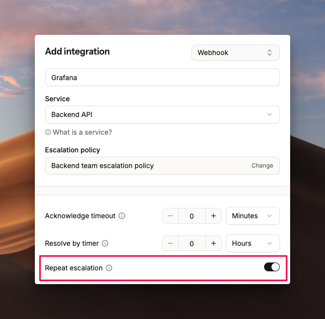 Configure repeat escalations for an integration
