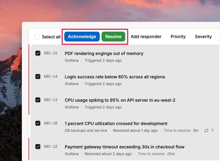 Select one or more incidents on the dashboard