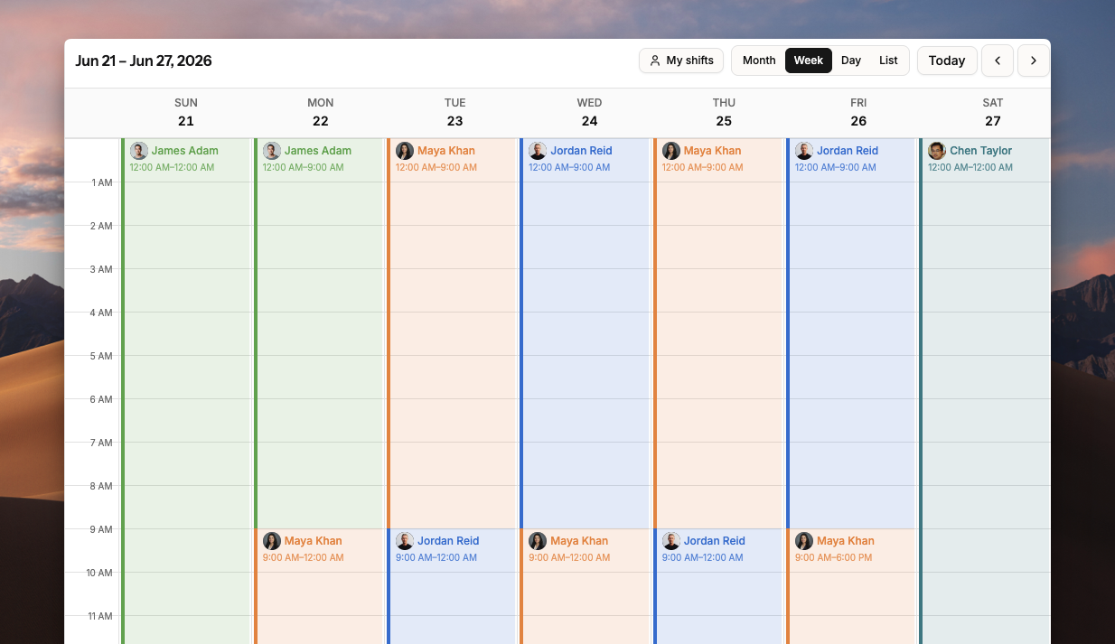 Calendar view with two layers showing weekday and weekend coverage