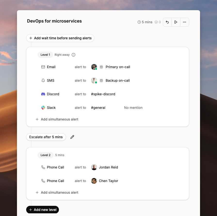 Escalation policy with two levels in Spike