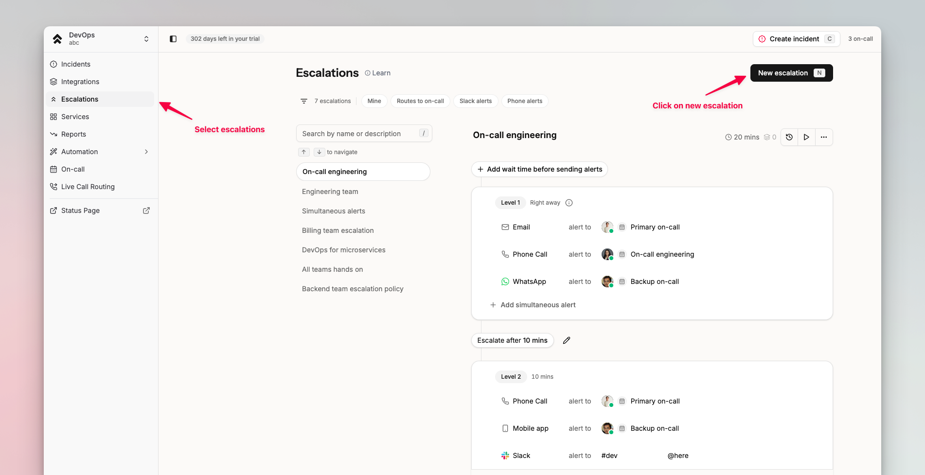Escalations section on the Spike dashboard